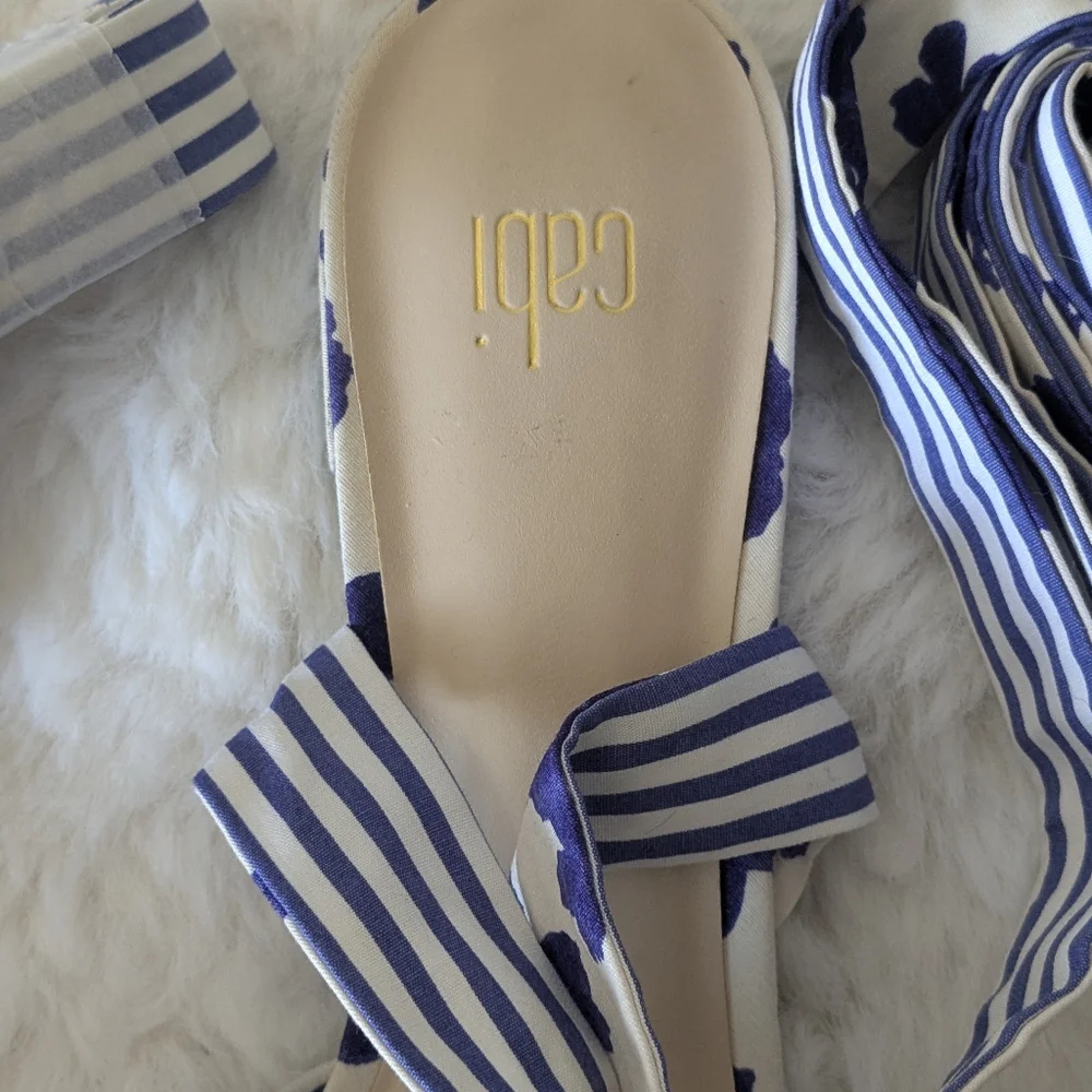Cabi Blue White Stripe Floral Lace Up Wrap Flat Sandals Women Summer Resort 10